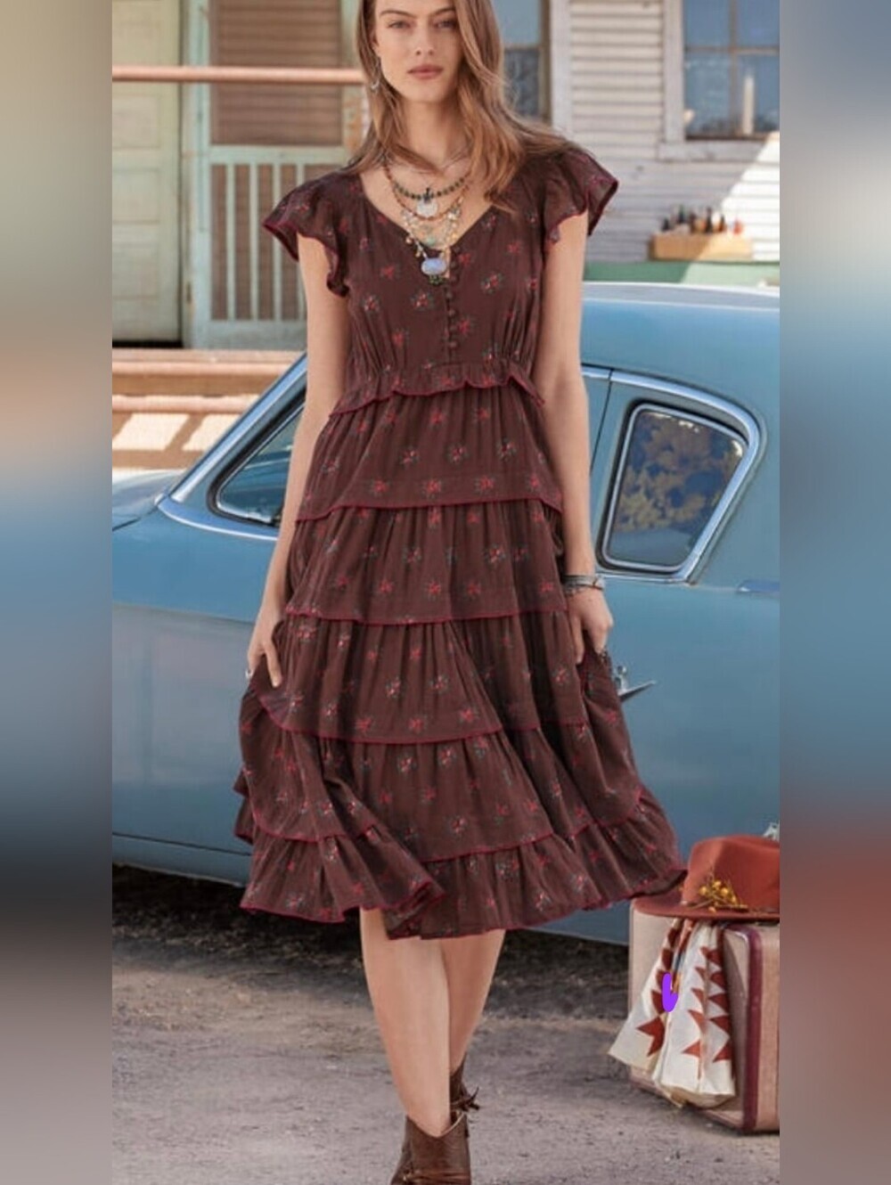 Sundance Womens Maple Floral Tiered Chocolate Dress XL